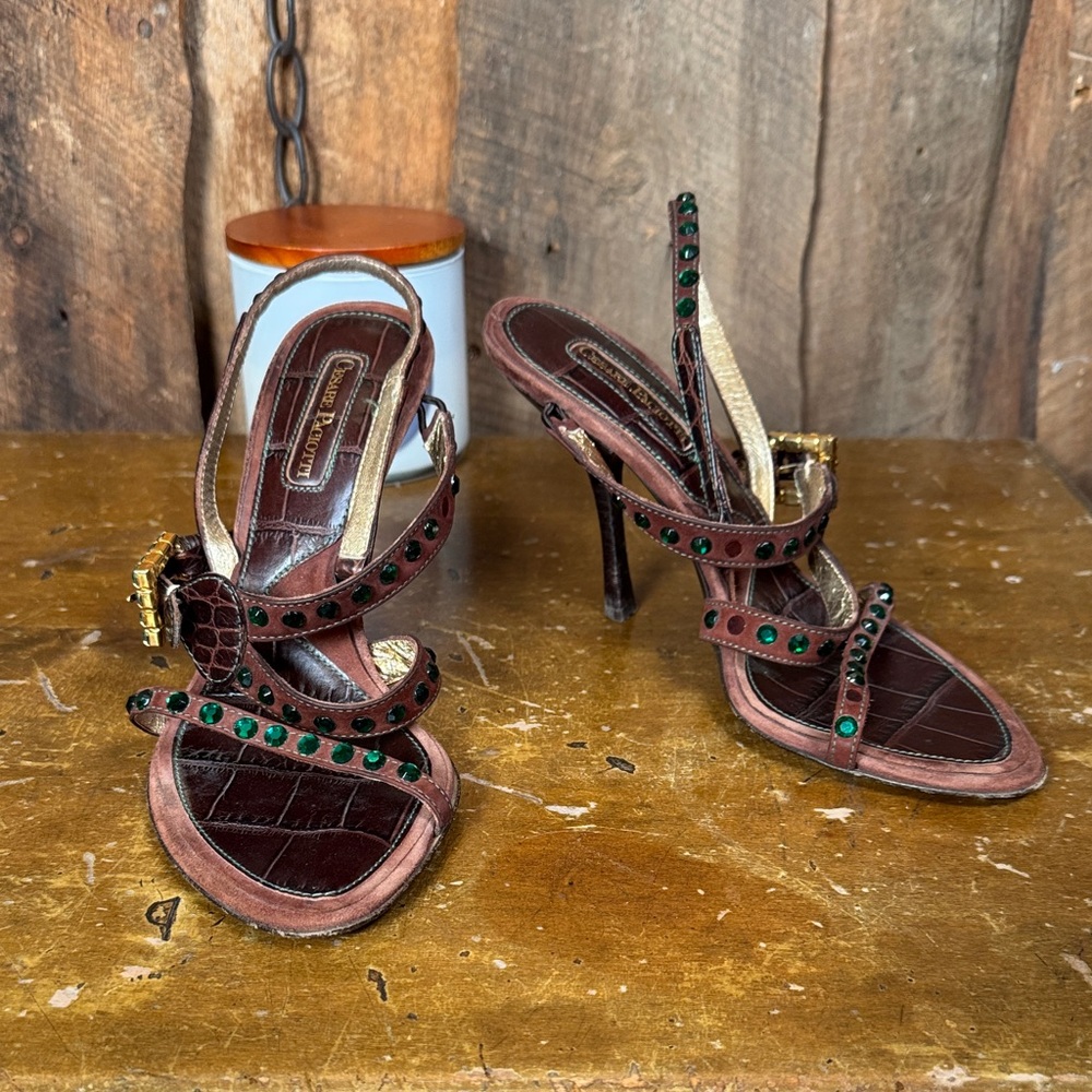 Cesare Paciotti Brown Heeled Sandals with Green Accents